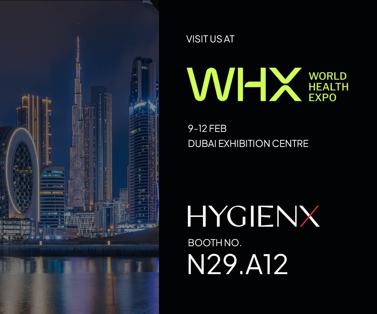 Flyer with black invitation to WHX fair with Hygienx logo and image of Dubai buildings at night in background